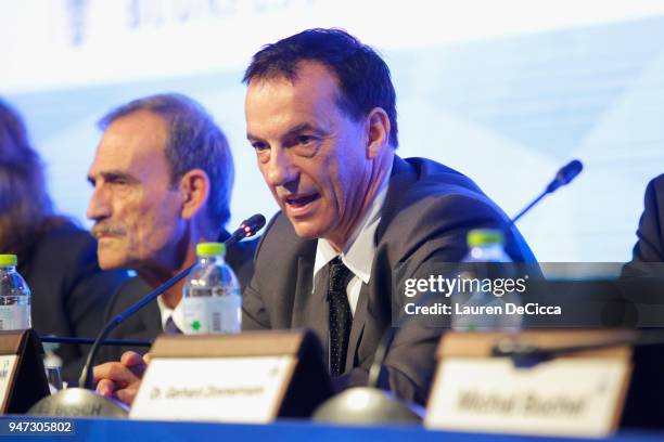 President Stephan Fox addresses during the AIMS General Assembly on day three of the SportAccord at Centara Grand & Bangkok Convention Centre on...