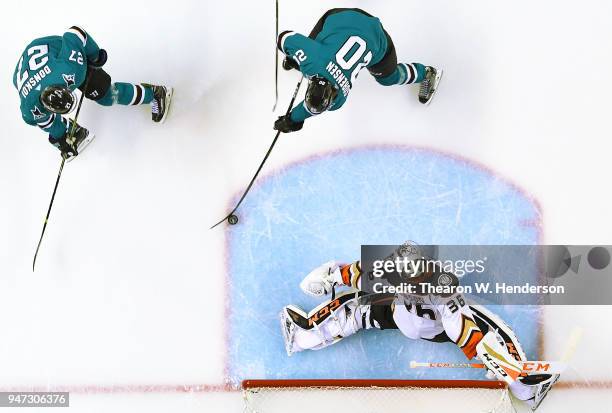 Marcus Sorensen of the San Jose Sharks with an assist from Joonas Donskoi shoots and scores getting his shot past goalie John Gibson of the Anaheim...