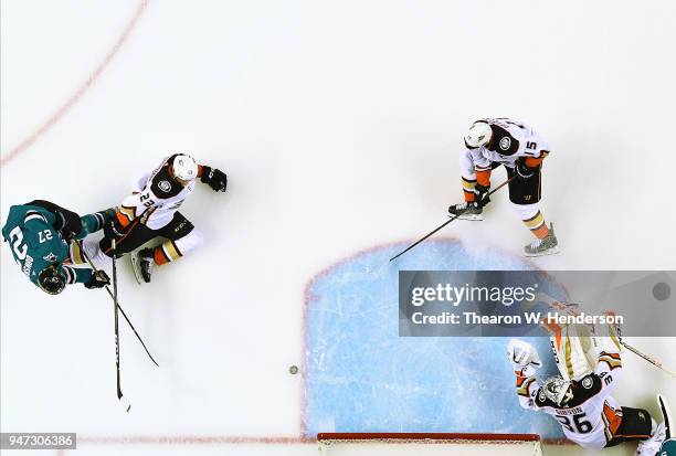 Joonas Donskoi of the San Jose Sharks shoots and scores getting his shot past goalie John Gibson of the Anaheim Ducks during the second period in...