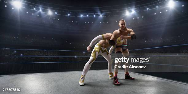 wrestling show. two wrestlers in a bright sport clothes and face mask fight in the ring - prender a cabeça imagens e fotografias de stock
