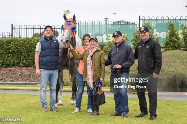 Connections of What a Hoot after winning the Prestige Jayco 30th Anniversary BM64 Handicap, at Geelong Racecourse on April 17, 2018 in Geelong,...