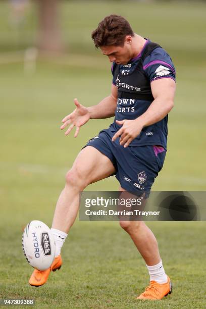 Brodie Croft kicks the ball during a Melbourne Storm NRL training session at Gosch's Paddock on April 17, 2018 in Melbourne, Australia.