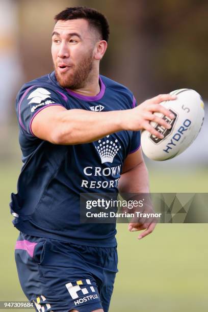 Nelson Asofa-Solomona of the Storm takes part during a Melbourne Storm NRL training session at Gosch's Paddock on April 17, 2018 in Melbourne,...