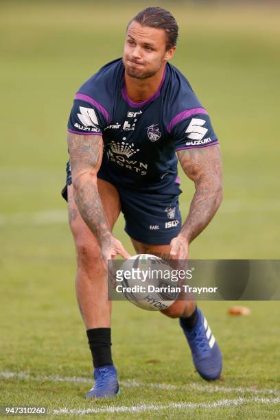 Sandor Earl passes the ball during a Melbourne Storm NRL training session at Gosch's Paddock on April 17, 2018 in Melbourne, Australia.
