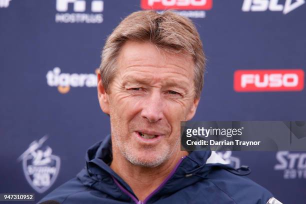 Storm coach Craig Bellamy speaks to the media before a Melbourne Storm NRL training session at Gosch's Paddock on April 17, 2018 in Melbourne,...