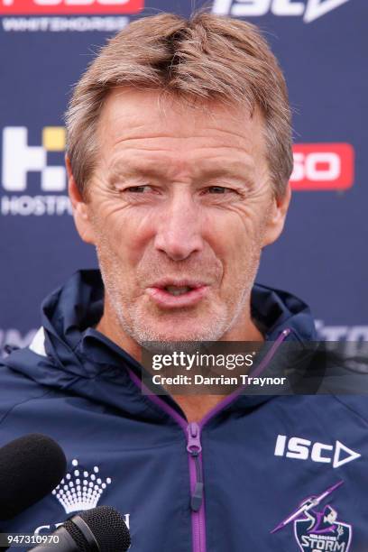 Storm coach Craig Bellamy speaks to the media before a Melbourne Storm NRL training session at Gosch's Paddock on April 17, 2018 in Melbourne,...