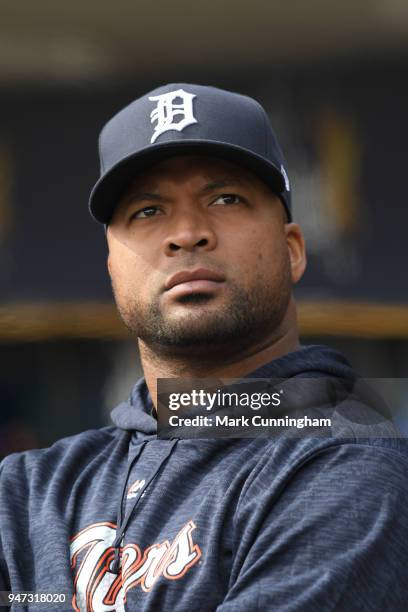 Francisco Liriano of the Detroit Tigers looks on from the dugout during the Opening Day game against the Pittsburgh Pirates at Comerica Park on March...