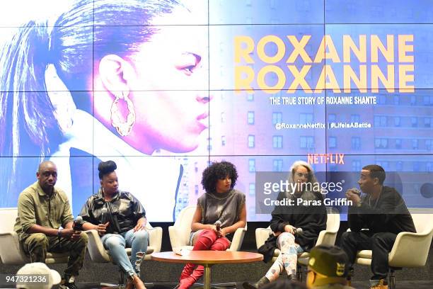 Chaka Zulu, Roxanne Shante, Chante Adams, \producer MiMi Valdes, and Kawan 'KP' Prather onstage at "Roxanne Roxanne" Atlanta Screening VIP Q&A and...