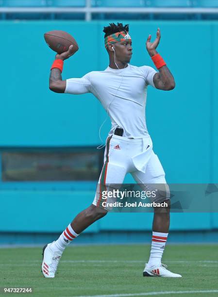 Kosi Perry of the Miami Hurricanes warms up prior to the spring game on April 14, 2018 at Hard Rock Stadium in Miami Gardens, Florida. N'Kosi Perry