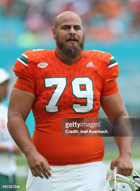 Bar Milo of the Miami Hurricanes warms up prior to the spring game on April 14, 2018 at Hard Rock Stadium in Miami Gardens, Florida. Bar Milo