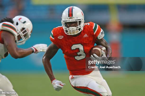 Mike Harley of the Miami Hurricanes runs with the ball during the spring game on April 14, 2018 at Hard Rock Stadium in Miami Gardens, Florida. Mike...