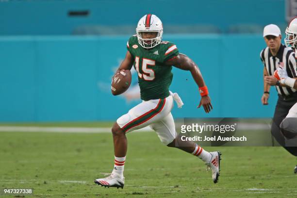Jarren Williams of the Miami Hurricanes runs with the ball during the spring game on April 14, 2018 at Hard Rock Stadium in Miami Gardens, Florida....
