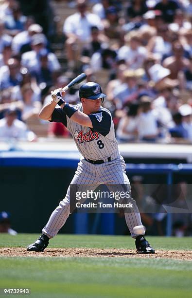 Todd Greene of the Anaheim Angels bats during their game against the Los Angeles Dodgers at Dodgers Stadium on June 5, 1999 in Los Angeles,...