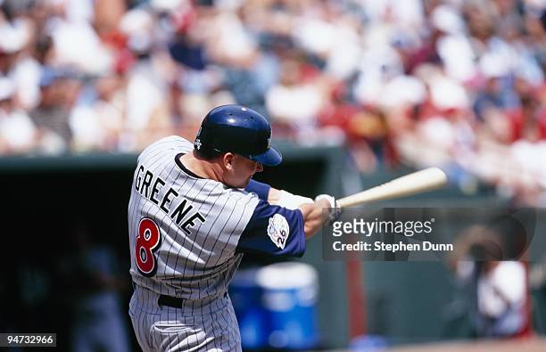 Todd Greene of the Anaheim Angels bats against the Texas Rangers during their game at The Ball Park on April 12, 1999 at Arlington, Texas.