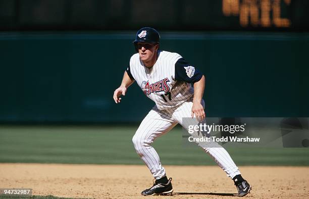 Darin Erstad of the Anaheim Angels leads off at second base during their game against the Boston Red Sox on August 7, 1999 at Edison Field in...