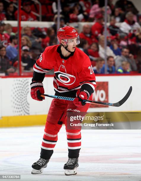 Sebastian Aho of the Carolina Hurricanes skates for postion on the ice during an NHL game against the Tampa Bay Lightning on April 7, 2018 at PNC...