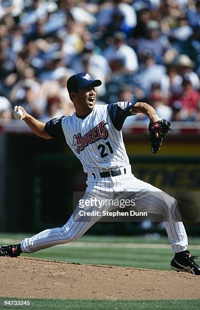 Shigetoshi Hasegawa of the Anaheim Angels pitches during the game against the Seattle Mariners at Edison International Field on April 14, 2001 in...