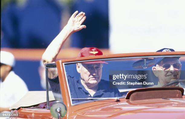 Ted Williams waves to the crowd before the San Diego Padres game against the Florida Marlins at Jack Murphy Stadium on April 8, 1996 in San Diego,...