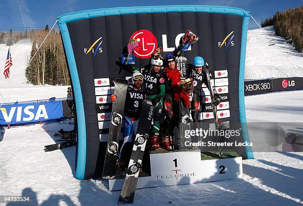 Simon Schoch of Switzerland , Rok Flander of Slovenia , Jasey-Jay Anderson of Canada and Michael Lambert of Canada celebrate on the podium after the...