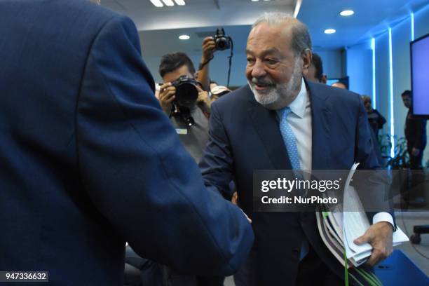 Businessman Carlos Slim during a press conference speak about of Mexico's airport construction at Inbursa Finance Group on April 16, 2018 in Mexico...