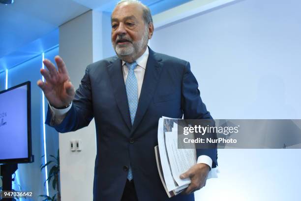 Businessman Carlos Slim during a press conference speak about of Mexico's airport construction at Inbursa Finance Group on April 16, 2018 in Mexico...