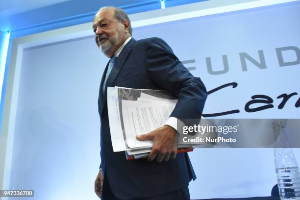 Businessman Carlos Slim during a press conference speak about of Mexico's airport construction at Inbursa Finance Group on April 16, 2018 in Mexico...