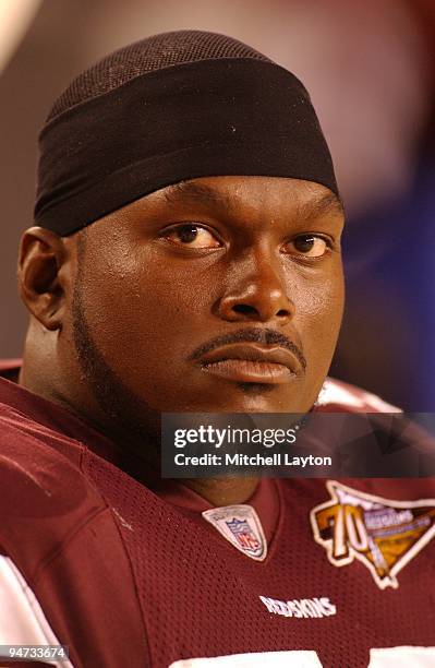 Lavar Arrington of the Washington Redskins looks on during a NFL pre season football game against the Pittsburgh Steelers on August 18, 2002 at FedEx...