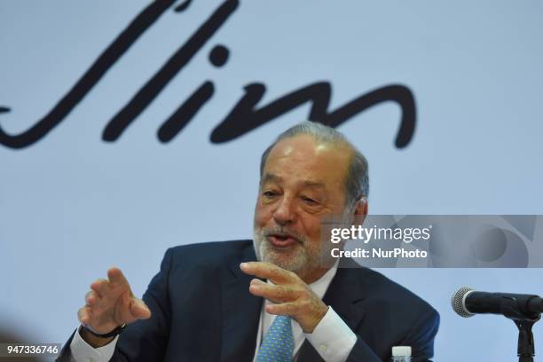 Businessman Carlos Slim during a press conference speak about of Mexico's airport construction at Inbursa Finance Group on April 16, 2018 in Mexico...