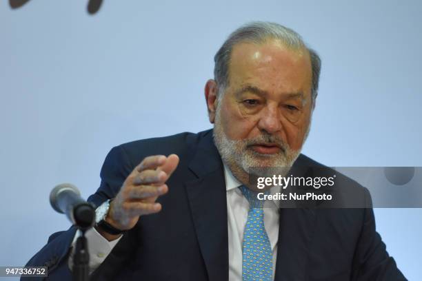 Businessman Carlos Slim during a press conference speak about of Mexico's airport construction at Inbursa Finance Group on April 16, 2018 in Mexico...
