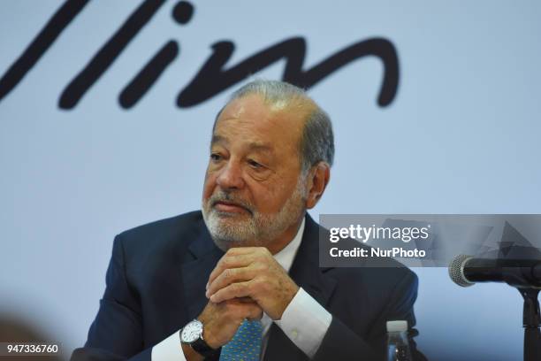 Businessman Carlos Slim during a press conference speak about of Mexico's airport construction at Inbursa Finance Group on April 16, 2018 in Mexico...