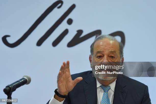 Businessman Carlos Slim during a press conference speak about of Mexico's airport construction at Inbursa Finance Group on April 16, 2018 in Mexico...