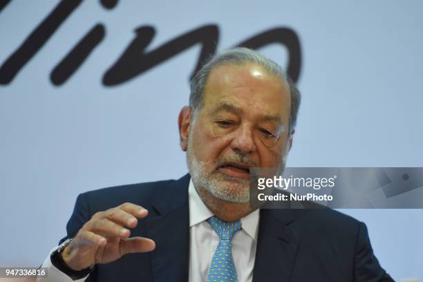 Businessman Carlos Slim during a press conference speak about of Mexico's airport construction at Inbursa Finance Group on April 16, 2018 in Mexico...