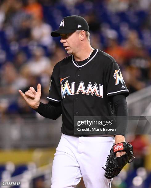 Brad Ziegler of the Miami Marlins pitches in the ninth inning against the Pittsburgh Pirates at Marlins Park on April 14, 2018 in Miami, Florida....