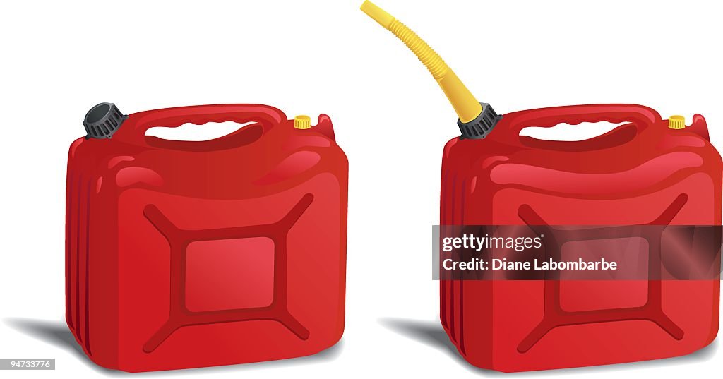 Two Red Plastic Gas Can Containers Isolated On White