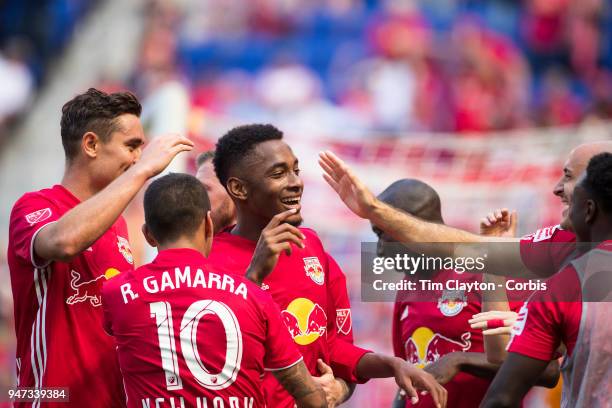 Michael Murillo of New York Red Bulls celebrates with team mates after scoring his sides third goal during the New York Red Bulls Vs Montreal Impact...