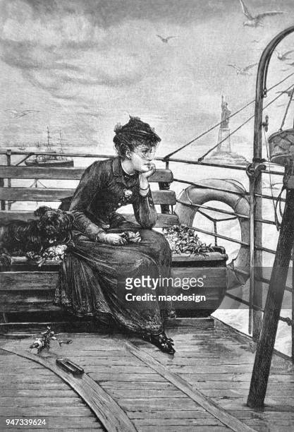 ilustraciones, imágenes clip art, dibujos animados e iconos de stock de mujer pensativa sentado en un banco de barco de vapor está mirando el skyline de nueva york _ 1895 - vintage steamship