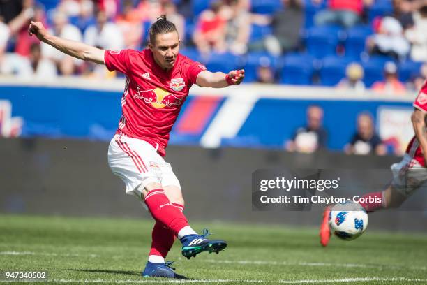 Alex Muyl of New York Red Bulls shoots during the New York Red Bulls Vs Montreal Impact MLS regular season game at Red Bull Arena on April 14, 2018...