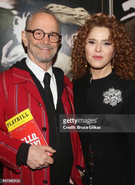 Joel Grey and Bernadette Peters pose after a performance of the hit musical "Hello Dolly" on Broadway at The Shubert Theatre on April 16, 2018 in New...