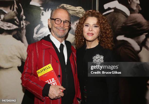 Joel Grey and Bernadette Peters pose after a performance of the hit musical "Hello Dolly" on Broadway at The Shubert Theatre on April 16, 2018 in New...