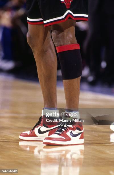 View of Chicago Bulls Michael Jordan sneakers from 1984 during game vs New York Knicks. New York, NY 3/8/1998 CREDIT: Manny Millan