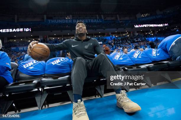 Donovan Mitchell of the Utah Jazz waits for Game One of the Western Conference in the 2018 NBA Playoffs against the Oklahoma City Thunder to start at...