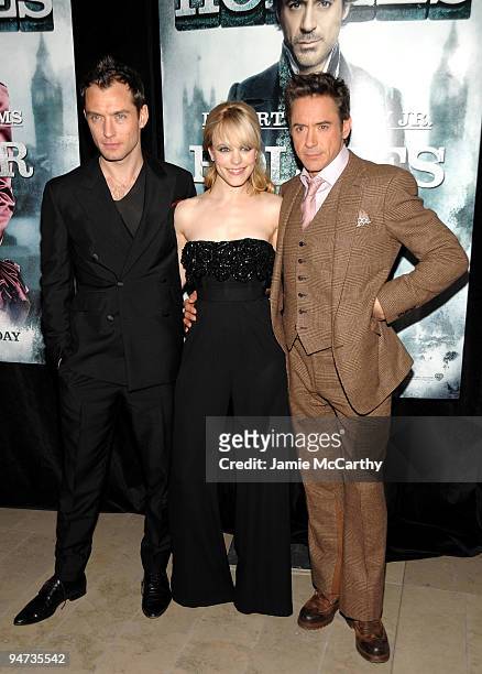 Actor Jude Law, Actress Rachel McAdams, and actor Robert Downey Jr. Attend the New York premiere of "Sherlock Holmes" at the Alice Tully Hall,...