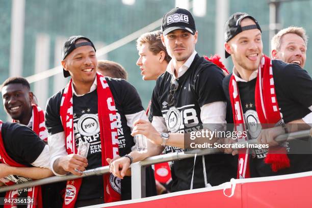 Eloy Room of PSV, Marco van Ginkel of PSV, Jorrit Hendrix of PSV leaving the stadium during the champions parade during the PSV champions parade at...