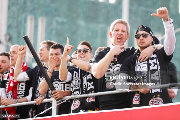 Hirving Lozano of PSV, Santiago Arias of PSV, Marcel Brands of PSV, Maximiliano Romero of PSV leaving the stadium during the champions parade during...