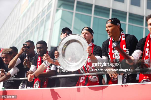 Joshua Brenet of PSV, Derrick Luckassen of PSV, Marco van Ginkel of PSV, Jorrit Hendrix of PSV, Eloy Room of PSV, leaving the stadium during the...