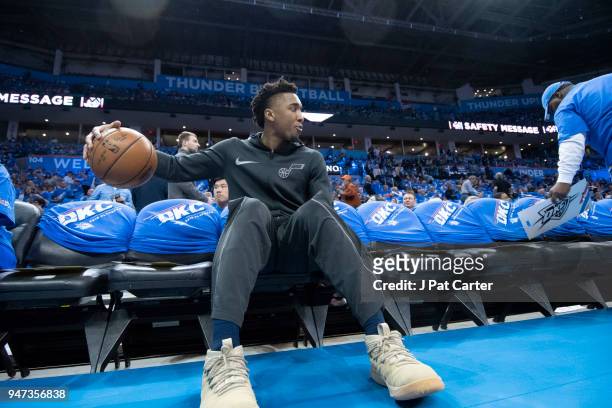 Donovan Mitchell of the Utah Jazz waits for Game One of the Western Conference in the 2018 NBA Playoffs against the Oklahoma City Thunder to start at...