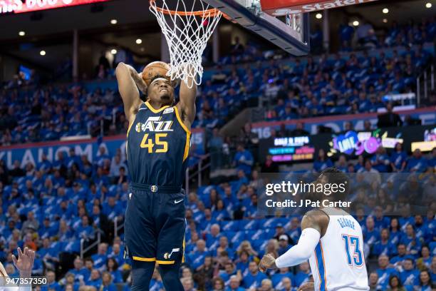 Donovan Mitchell of the Utah Jazz shoots against the Oklahoma City Thunder during the first half of Game One of the Western Conference in the 2018...