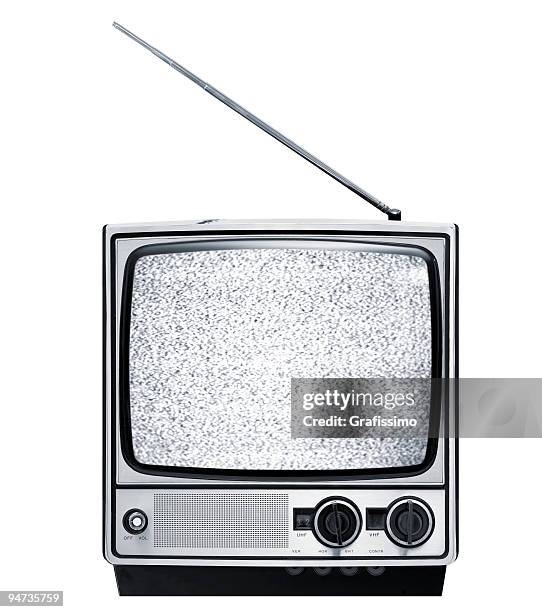 front of old grey retro television isolated on white - voelspriet stockfoto's en -beelden