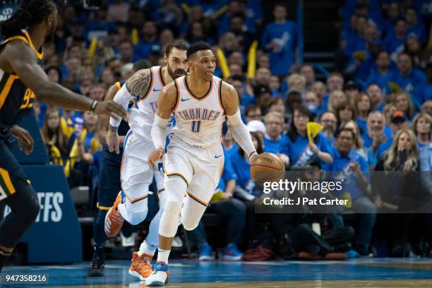 Russell Westbrook of the Oklahoma City Thunder brings the ball down court against the Utah Jazz during the second half of Game One of the Western...