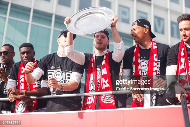 Derrick Luckassen of PSV, Marco van Ginkel of PSV, Jorrit Hendrix of PSV, Eloy Room of PSV, Luuk Koopmans of PSV leaving the stadium during the...